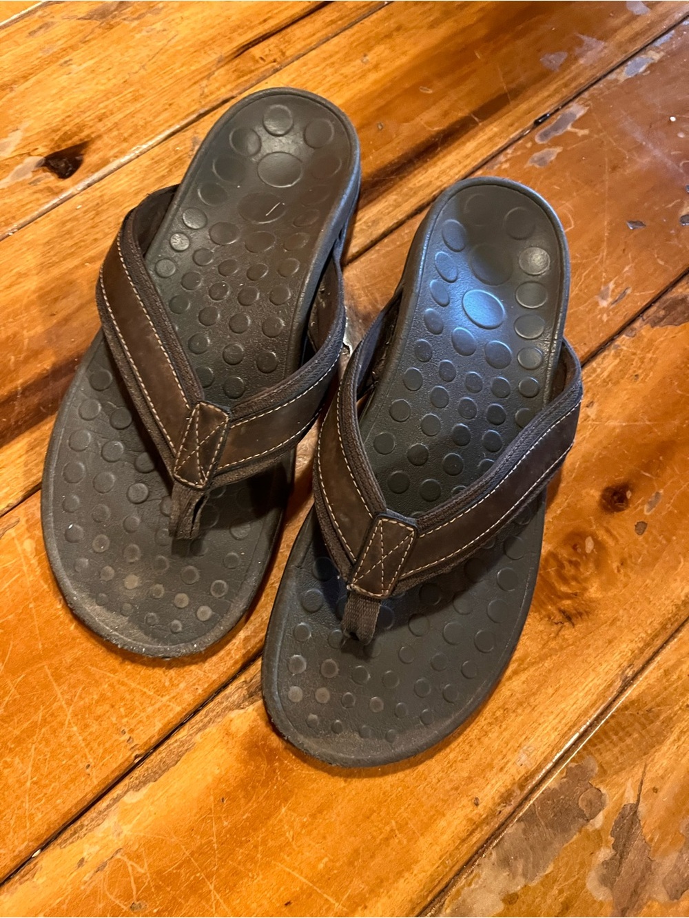 Vionic Brown Leather-Trim Flip Flops